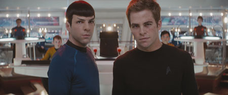 ZACHARY QUINTO as Commander Spock and CHRIS PINE as Captain James T. Kirk in J.J. Abrams' STAR TREK. Credit: Courtesy of Paramount Pictures Copyright © 2009 by PARAMOUNT PICTURES CORPORATION. STAR TREK and related marks and logos are trademarks of CBS Studios Inc. All Rights Reserved.
