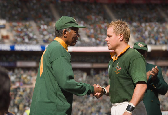 MORGAN FREEMAN as Nelson Mandela and MATT DAMON as Francois Pienaar in Warner Bros. Pictures' and Spyglass Entertainment's drama INVICTUS, a Warner Bros. Pictures release. Photo by Keith Bernstein